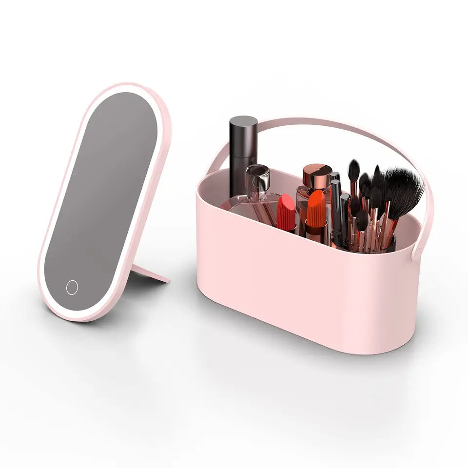 Boîte de rangement portable pour maquillage avec miroir lumineux LED, stockage de cosmétiques de voy